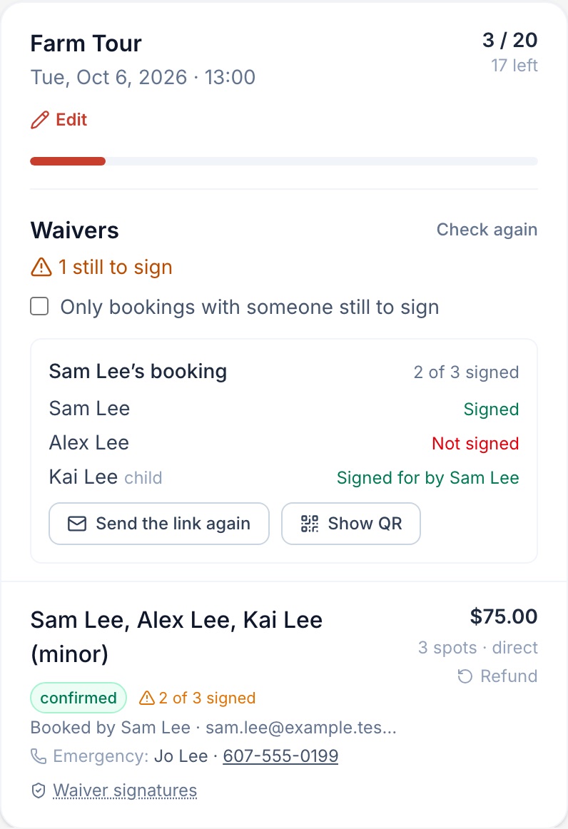A date in the operator console: 3 of 20 places taken, waivers with 1 still to sign, and one booking showing who has signed, with Send the link again and Show QR.
