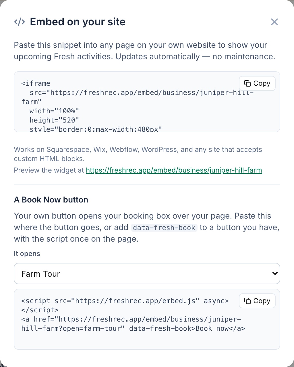Embed on your site: the booking box code with Copy, then A Book Now button with It opens set to Farm Tour and its code with Copy.