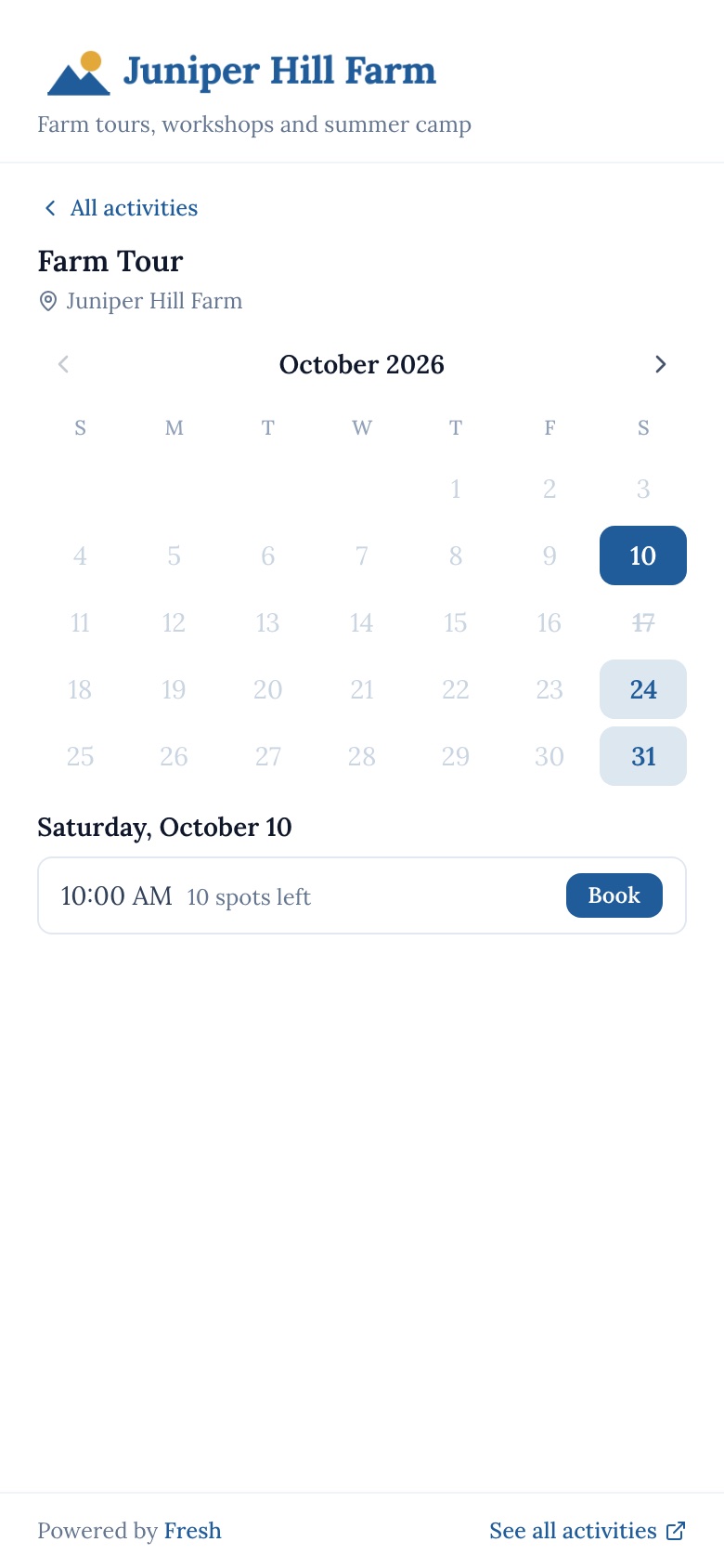 The Farm Tour's calendar for October: Saturdays to choose, the 17th struck through as full, and Saturday, October 10 at 10:00 AM with 10 spots left and Book.