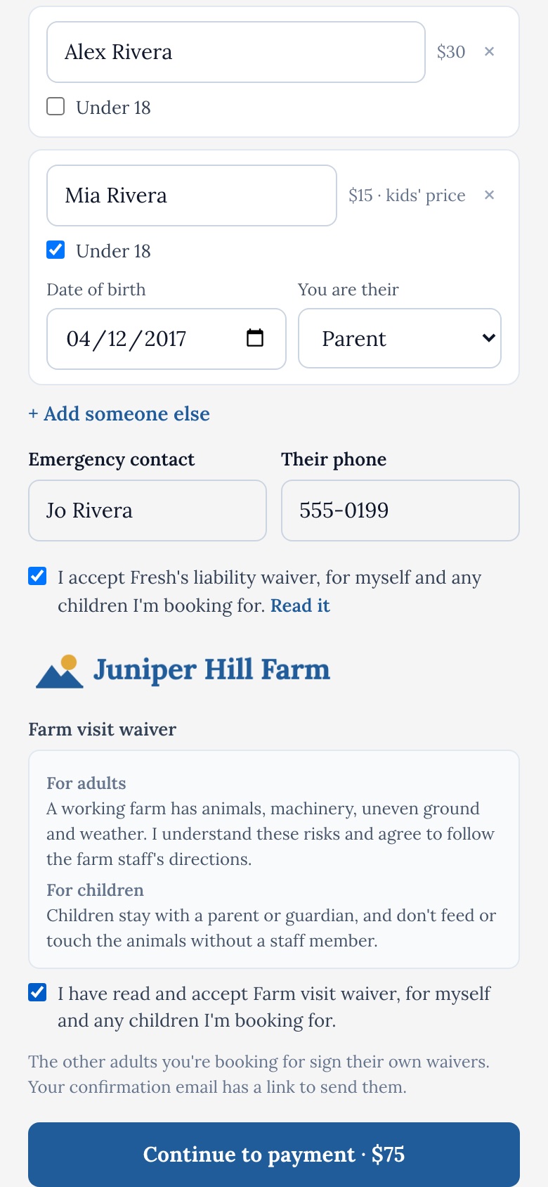 Fresh's waiver and the farm's own waiver, under its logo, with words for adults and for children, both accepted, then Continue to payment, $75.