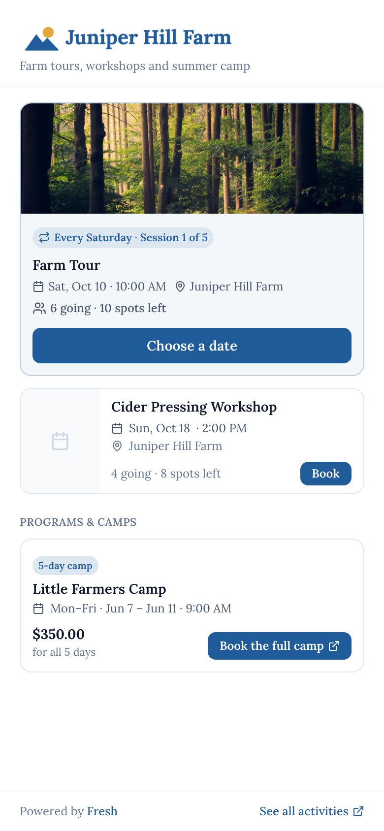 The booking box on a phone: the Farm Tour, every Saturday, with Choose a date; the cider pressing workshop with Book; Little Farmers Camp, $350 for all 5 days.