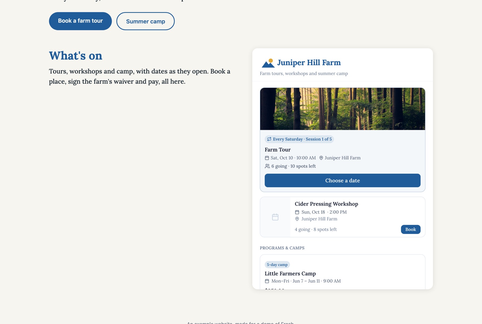 The example farm's website with the booking box set into its What's on section: the Farm Tour with a Choose a date button, a cider pressing workshop with Book, and Little Farmers Camp under Programs and camps.