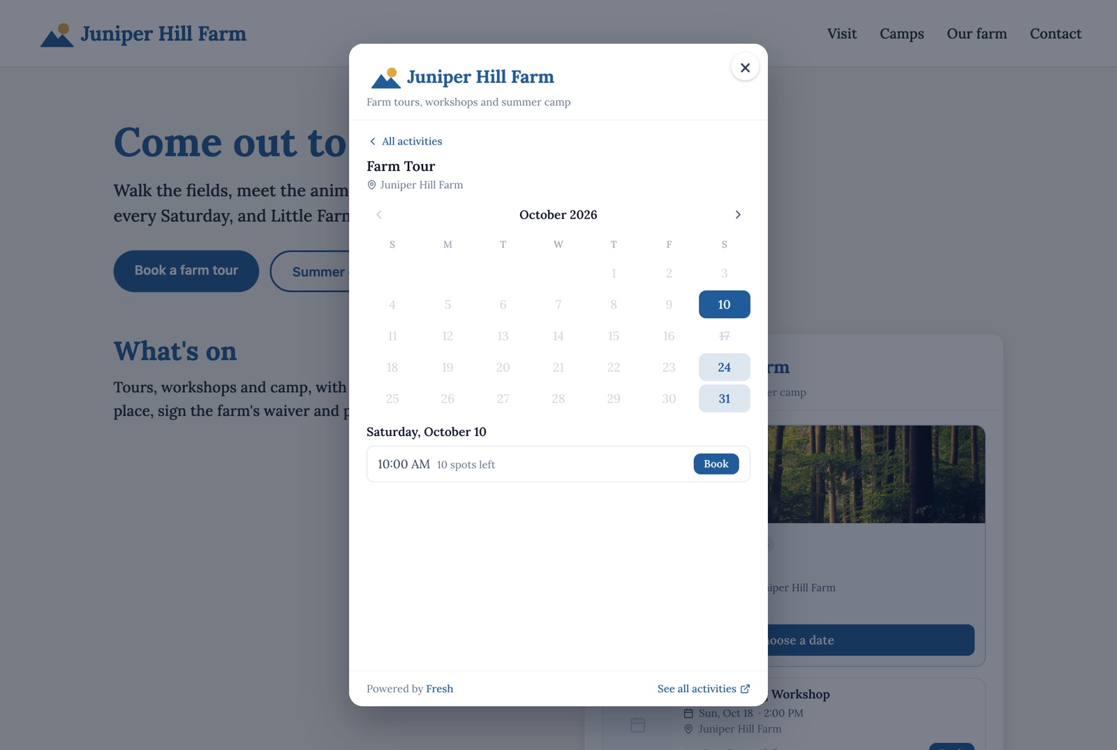 The example farm's website with its Book a farm tour button pressed: the booking box opens over the page, in the farm's blue and with its logo, on the tour's calendar.